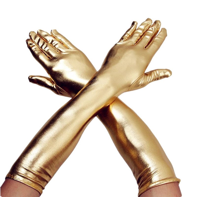 DreamHigh Women's 17" Long Satin Cosplay Finger Gloves Gold - Image 1